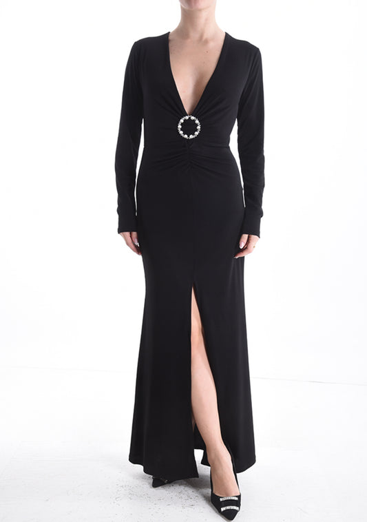 Abito maniche lunghe con spacco e applicazione scollo profondo